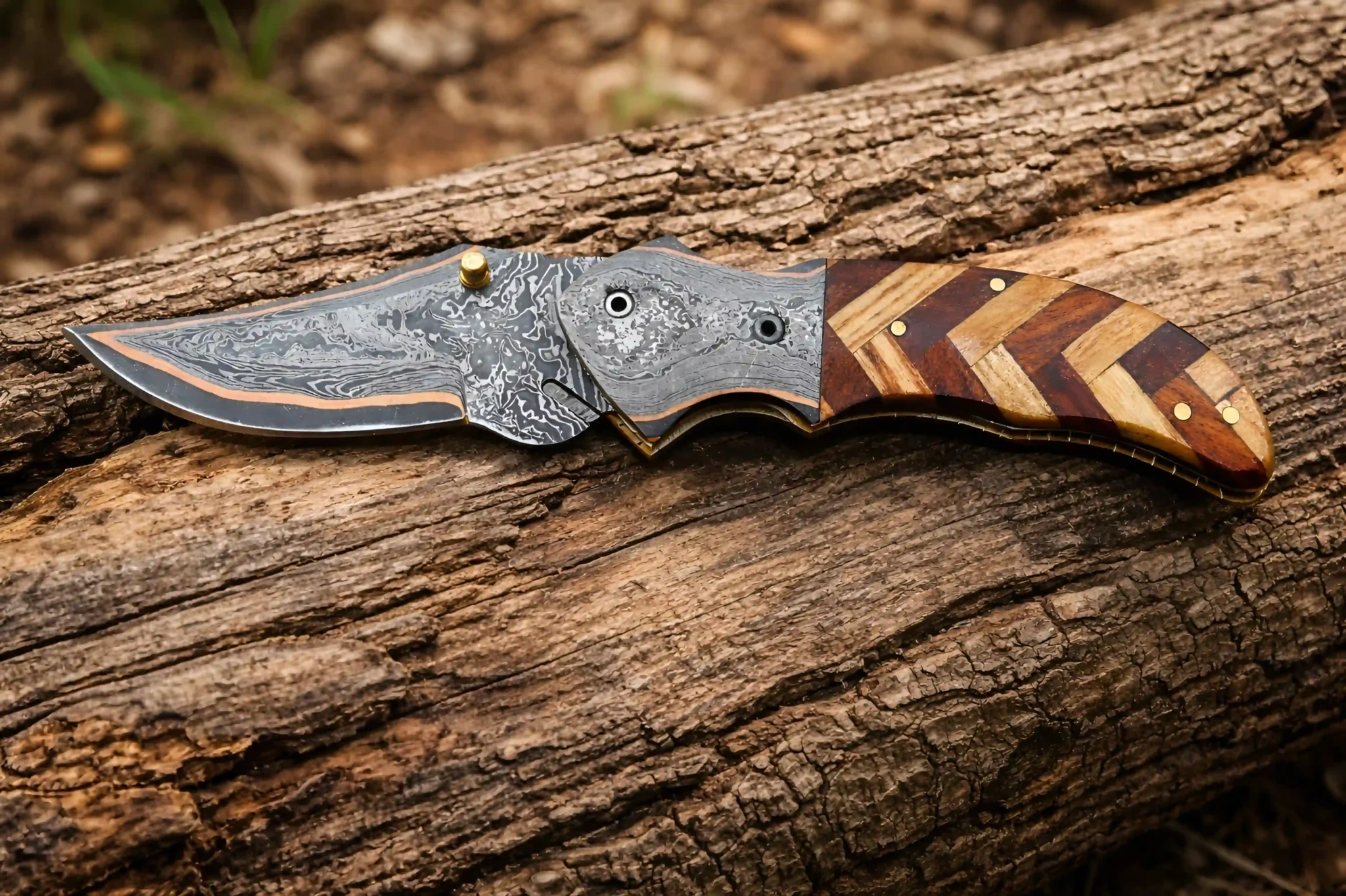 handmade copper & damascus pocket steel knives